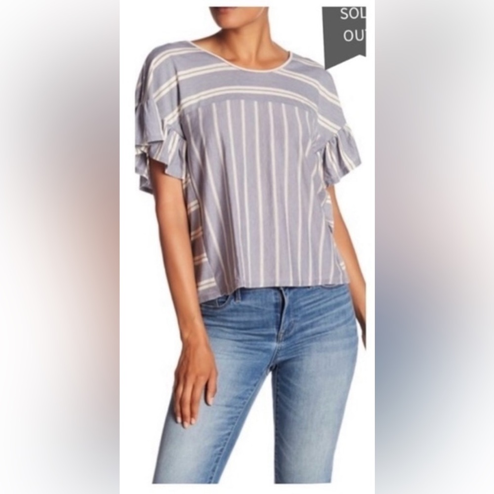 Lucky Brand Striped Flutter Sleeve Top Blue and White Ruffle Design Size Medium